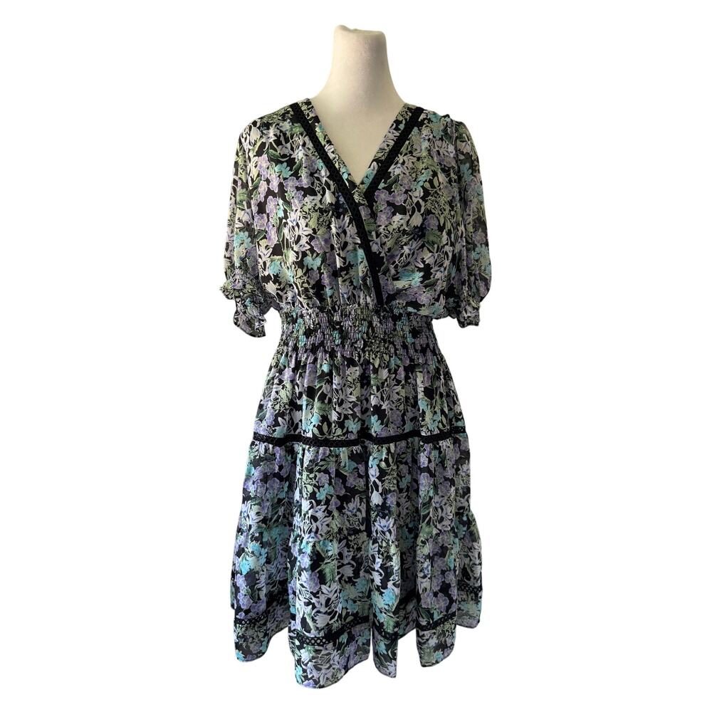 Taylor Floral Print Smocked Waist V-Neck Half Sleeve Knee Length Dress